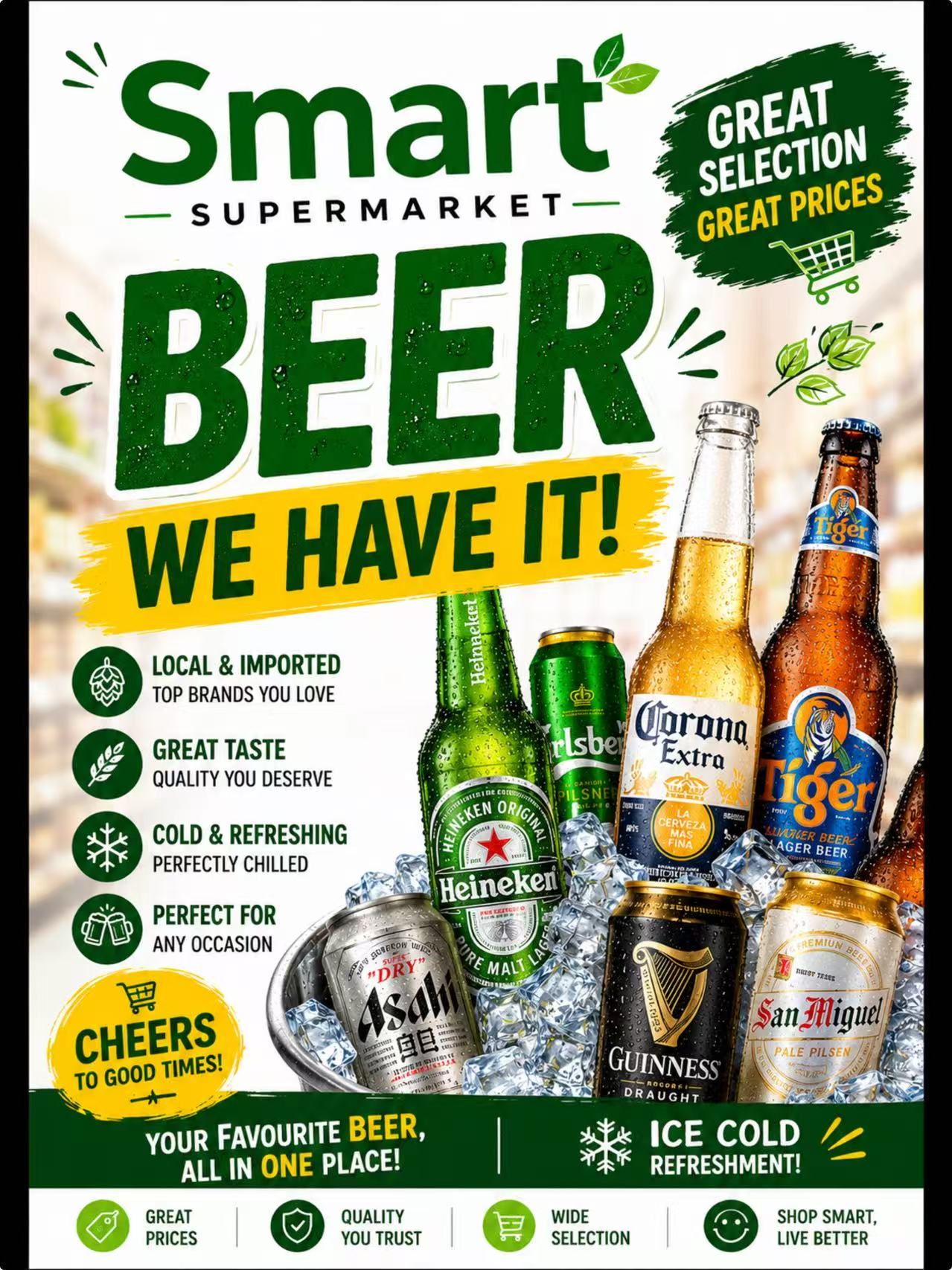 SMART LIC beer poster announcing beer selection with local and imported brands