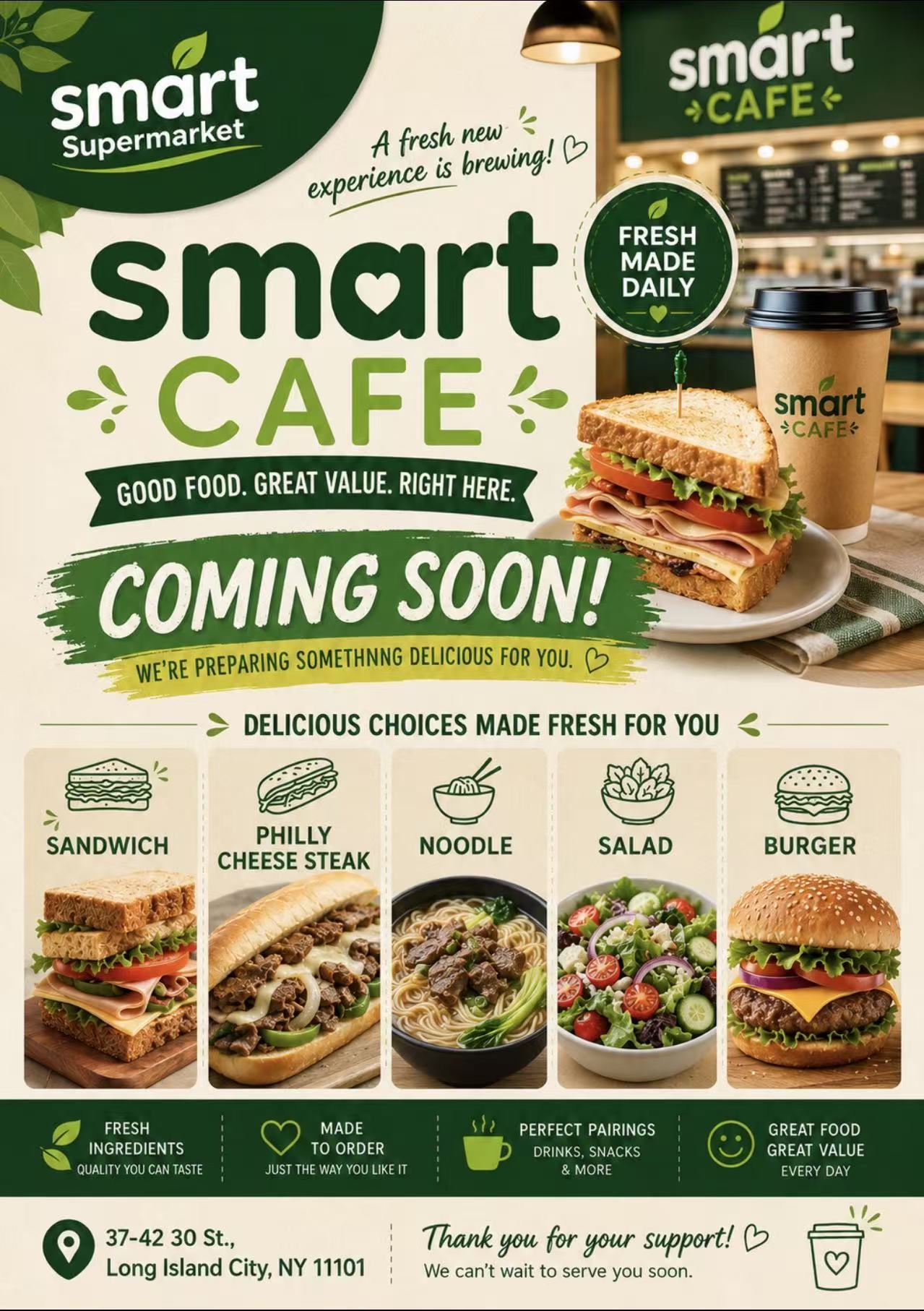 Smart Cafe coming soon poster with sandwiches, Philly cheese steak, noodles, salad, burgers, and coffee
